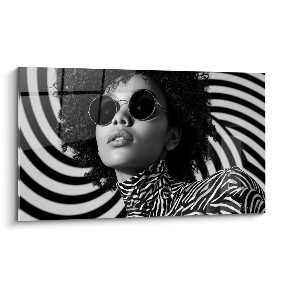 Dipinto Donna afro con occhiali rotondi ipnotici - Vertigine ipnotica - Edizione Viso in bianco e nero