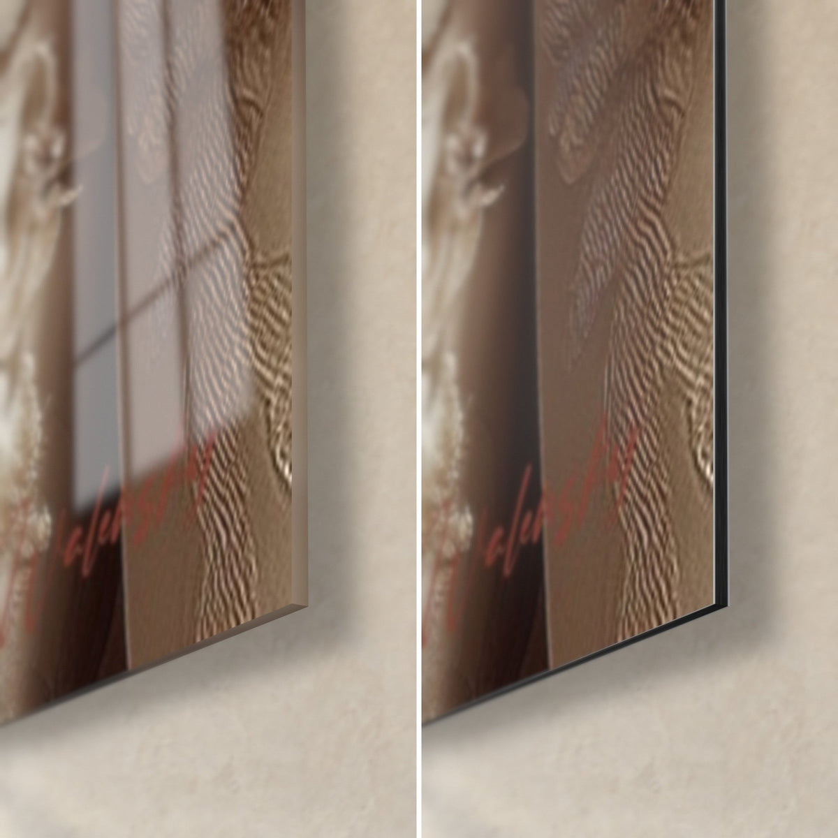 Quadro giovane donna in abito avorio ricamato, angolo in basso a destra: vetro lucido che riflette la finestra, Dibond opaco beige venato, spessore 3 mm