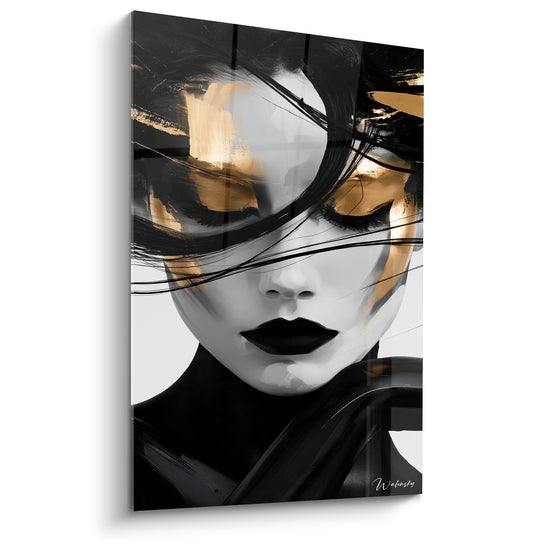 Tableau Visage noir et doré aux mèches balayées - Regard voilé - Edition Visage