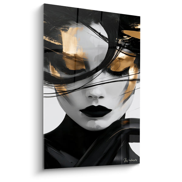 Tableau Visage noir et doré aux mèches balayées - Regard voilé - Edition Visage