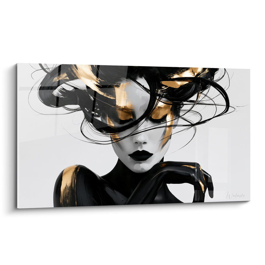 Tableau Visage noir et doré aux mèches tourbillonnantes - Main gantée levée - Edition Visage