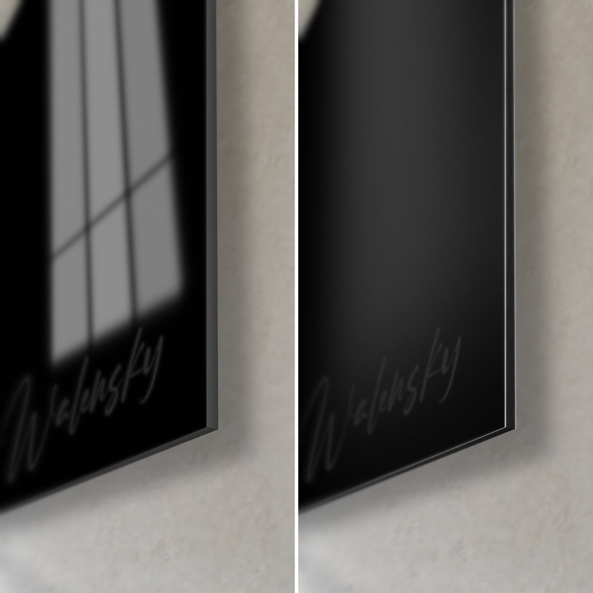 Tableau visage aux lunettes noires, coin bas droit : verre acrylique brillant à reflets, alu Dibond mat gris, tranche noire de 3 mm