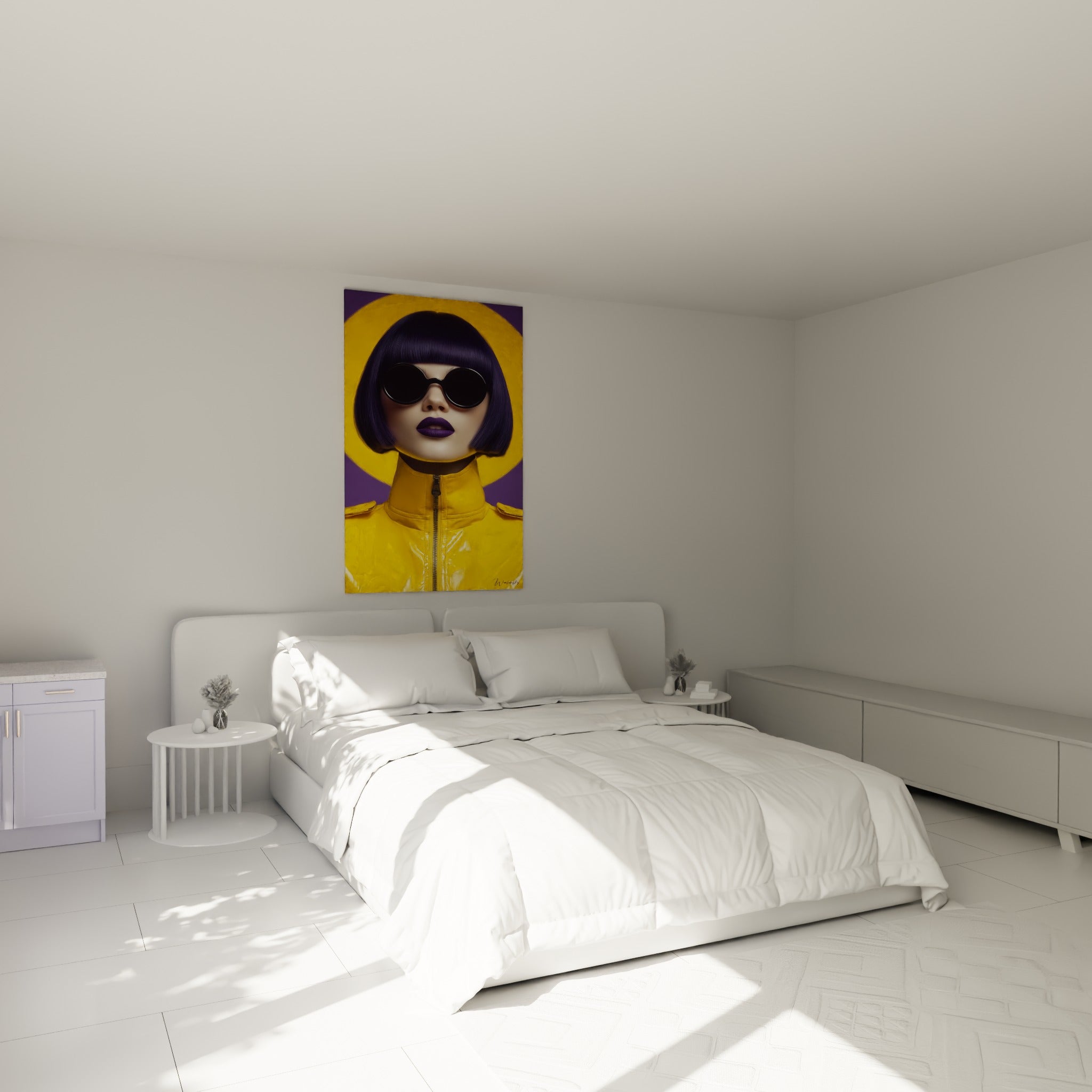 Silhouette au carré violet et veste jaune éclatante accrochée au-dessus d'un lit dans une chambre claire