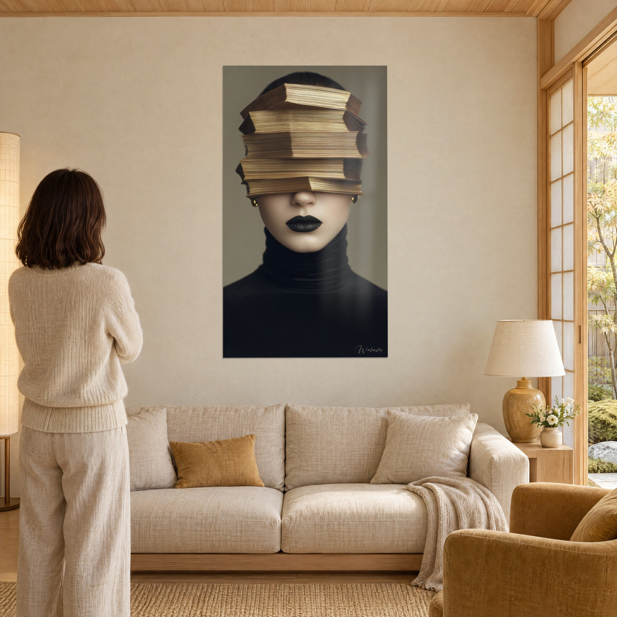 Quadro ritratto di donna dalle labbra nere, volto nascosto da libri dorati, maglione nero, donna di spalle, sopra un divano in un soggiorno luminoso