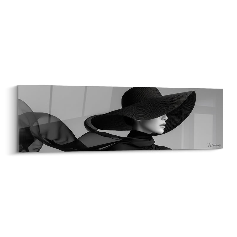 Tableau Femme au chapeau noir et écharpe voilée - Souffle de mystère - Edition Visage noir et blanc
