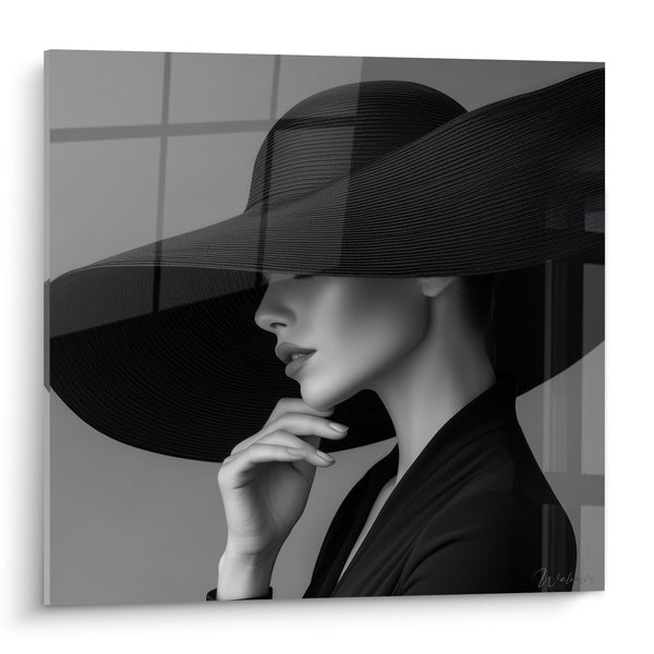 Painting Woman in Black Hat Elegant Profile - Muted Silence - Black and White Face Edition