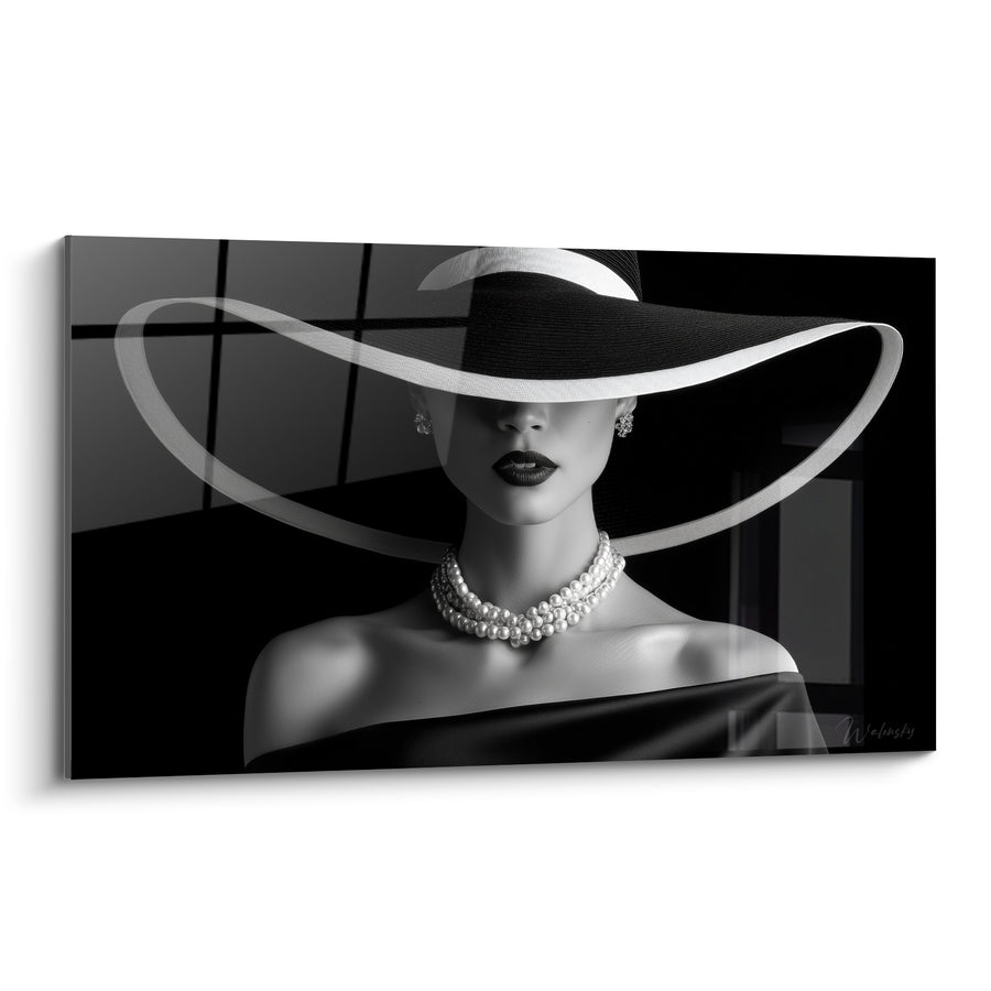 Dipinto Cappello nero e bianco, nastro fluttuante - Collana di perle a triplo filo - Edizione volto in bianco e nero