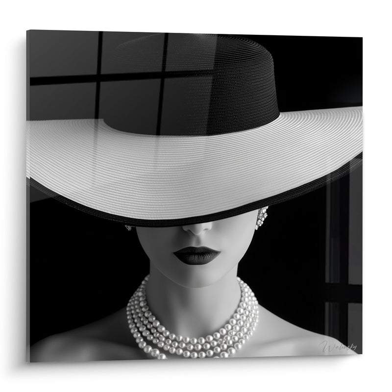 Tableau Femme au chapeau noir et blanc - Élégance dissimulée - Edition Visage noir et blanc