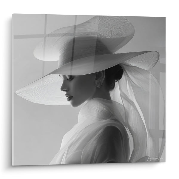 Painting Woman in a veiled hat, elegant profile - Veiled Grace - Black and white face edition