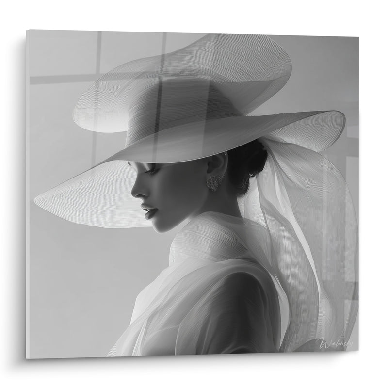 Tableau Femme au chapeau voilé profil élégant - Grâce voilée - Edition Visage noir et blanc