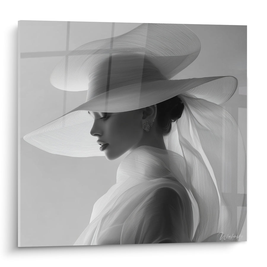 Dipinto Donna con Cappello Velato Profilo Elegante - Grazia Velata - Edizione Volto Bianco e Nero