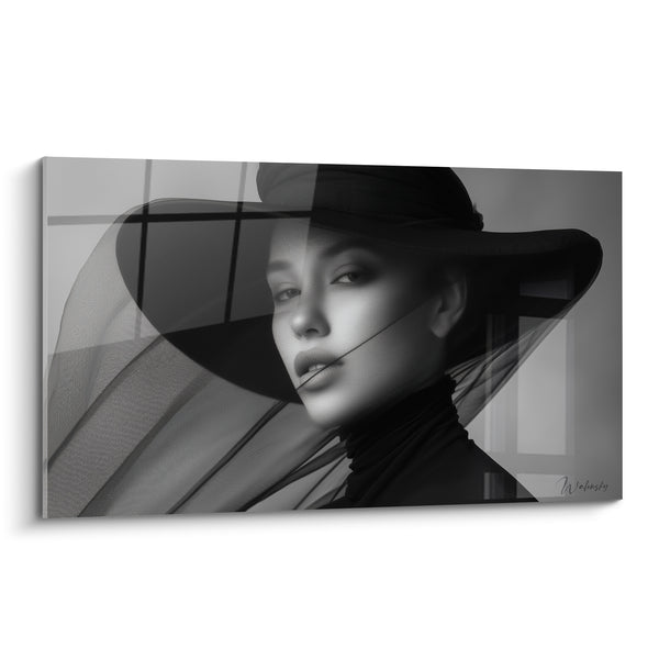 Painting Portrait of a Woman with a Large Hat and Transparent Veil - Veiled Gaze - Black and White Face Edition