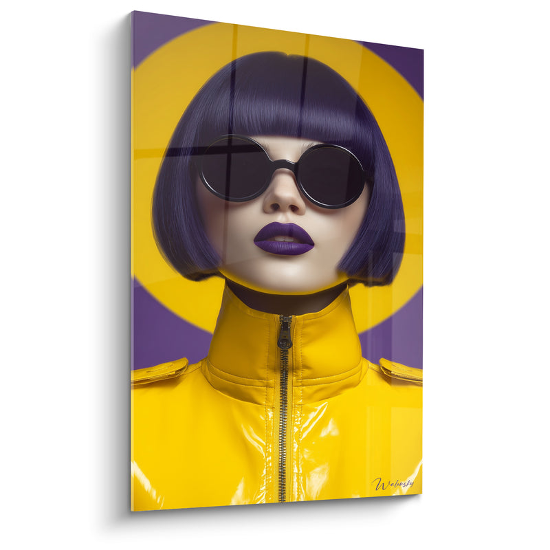 Tableau Blouson jaune vinyle et lunettes rondes noires - Carré de cheveux violets - Edition Visage noir et blanc