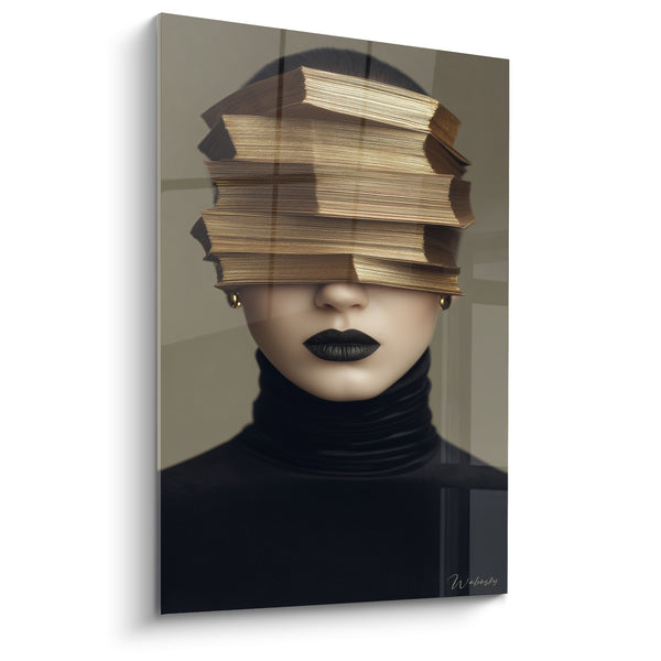 Gilded Portrait Painting with Stacked Books - Veiled Thought - Black and White Face Edition