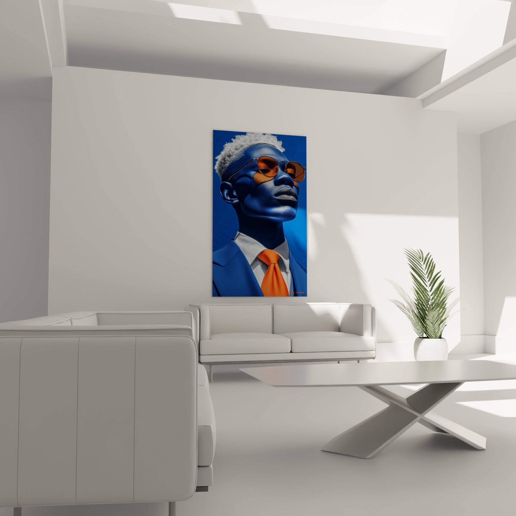 Visage bleu roi aux lunettes ambrées et cravate orange, au-dessus d'un canapé dans un salon lumineux