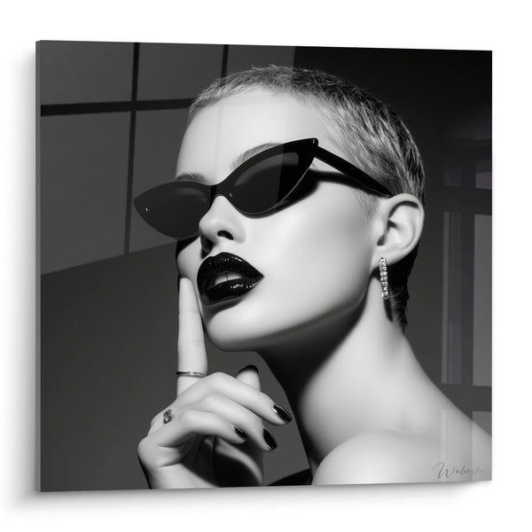 Painting Woman with Black Sunglasses and Dark Lips - Secret Kept - Black and White Face Edition