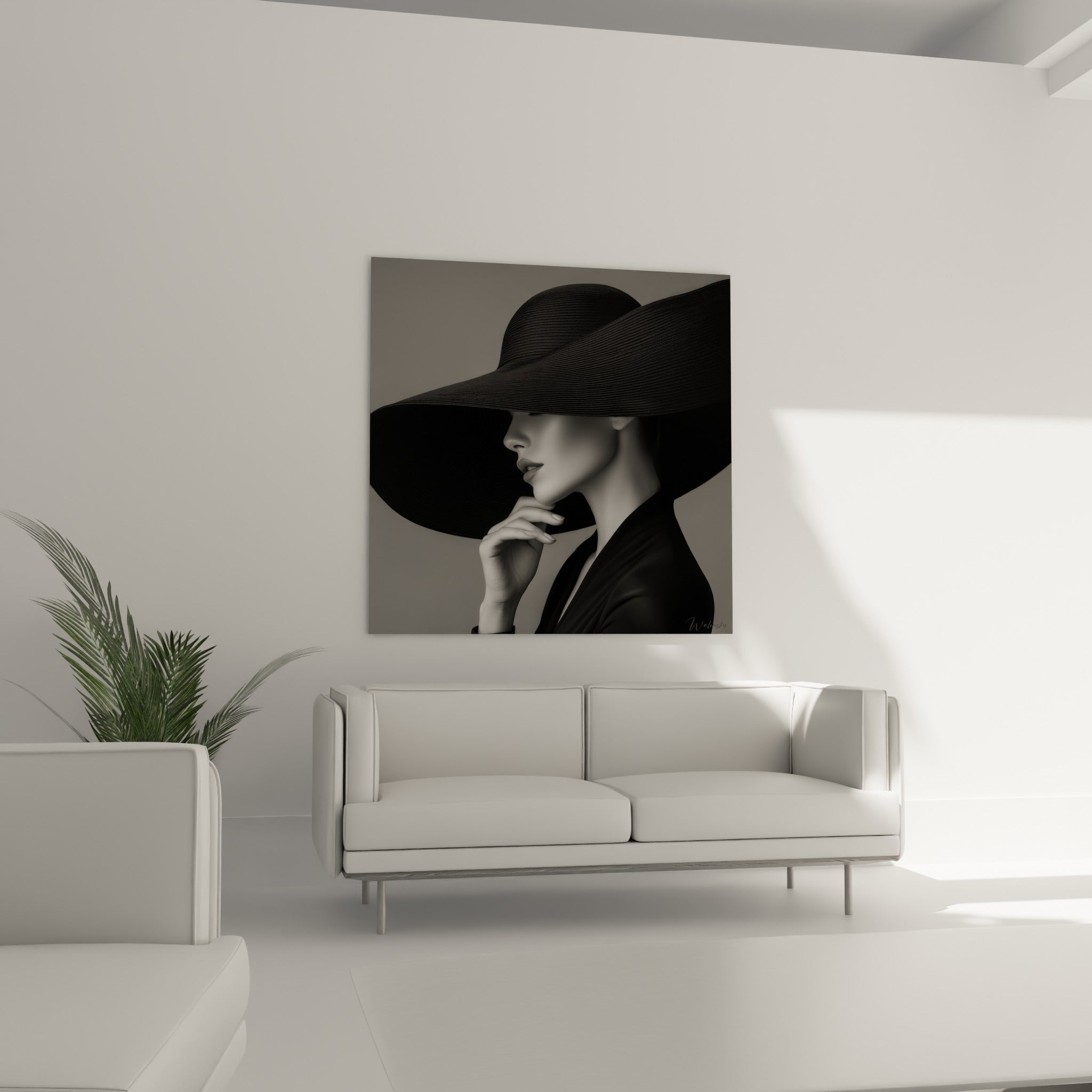 Silhouette gantée sous large chapeau anthracite, suspendue au-dessus d'un canapé dans un salon lumineux