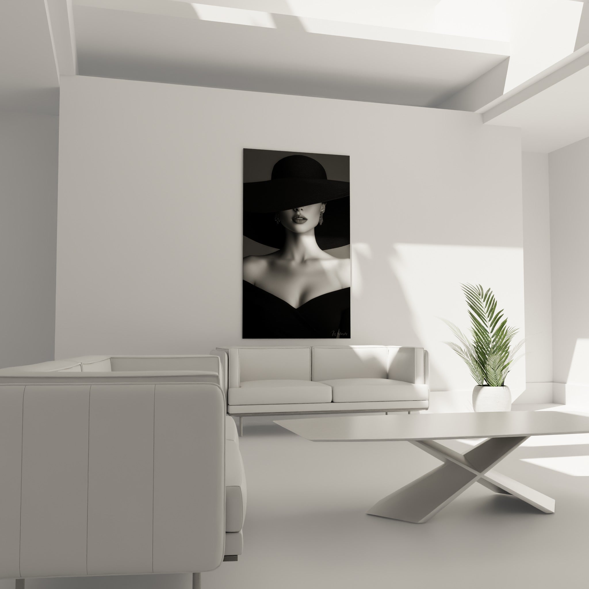 Silhouette élégante en noir et gris posée au-dessus d'un canapé dans un salon lumineux