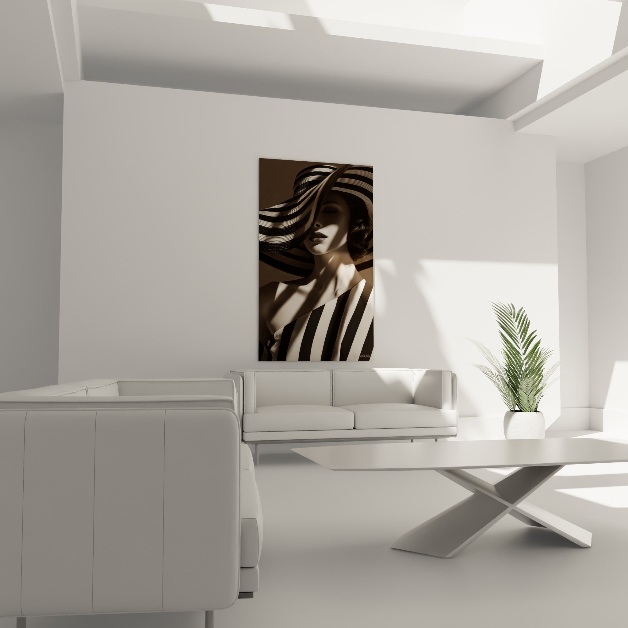 Visage noir et blanc aux rayures noires et sépia, au-dessus d'un canapé dans un salon lumineux