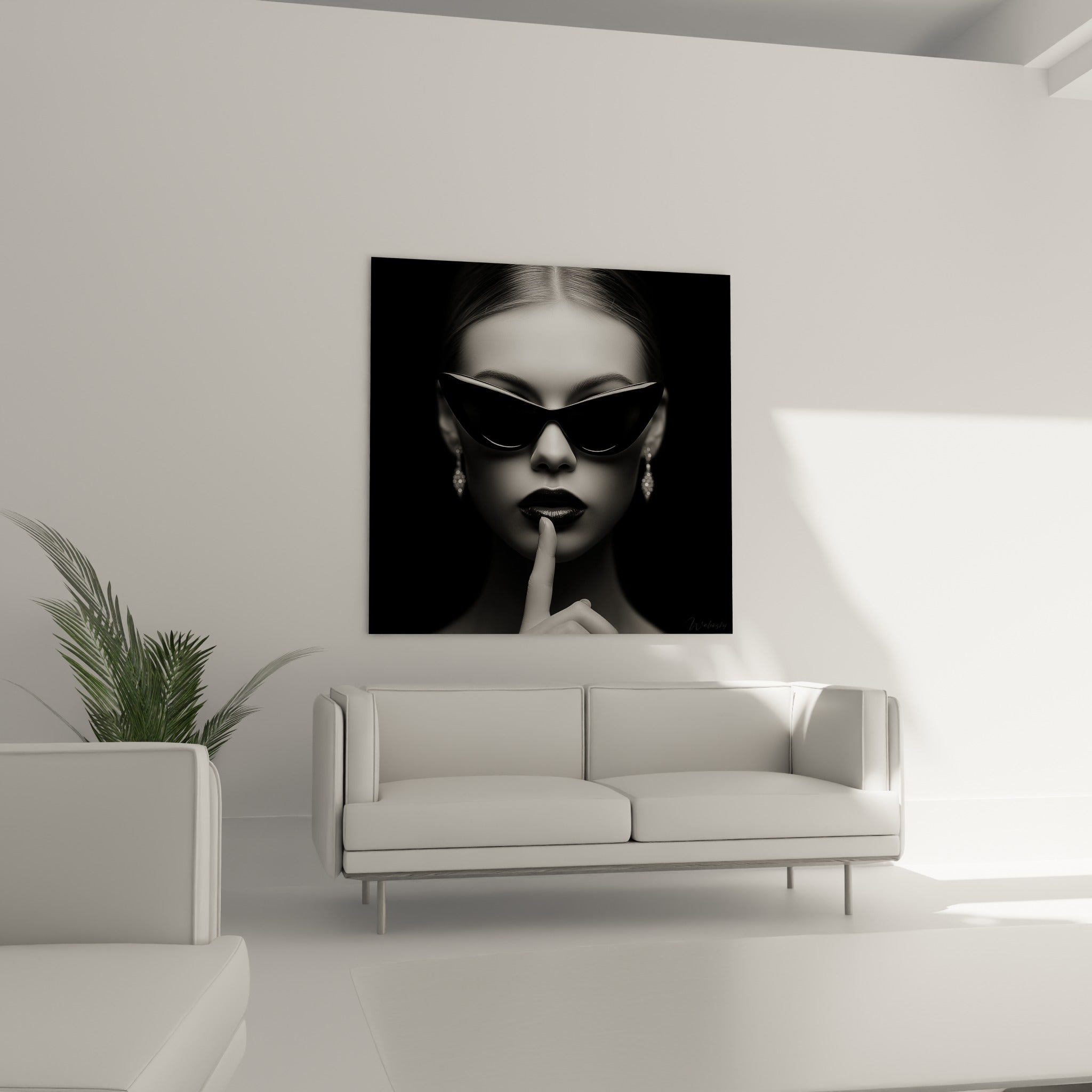 Regard dissimulé derrière des verres noirs et peau ivoire au-dessus d'un canapé dans un salon lumineux