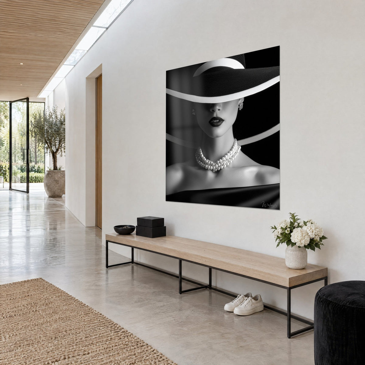 Tableau portrait voilé d'ombre, large bord noir et blanc, collier de perles ivoire, vu de trois-quarts dans un couloir clair
