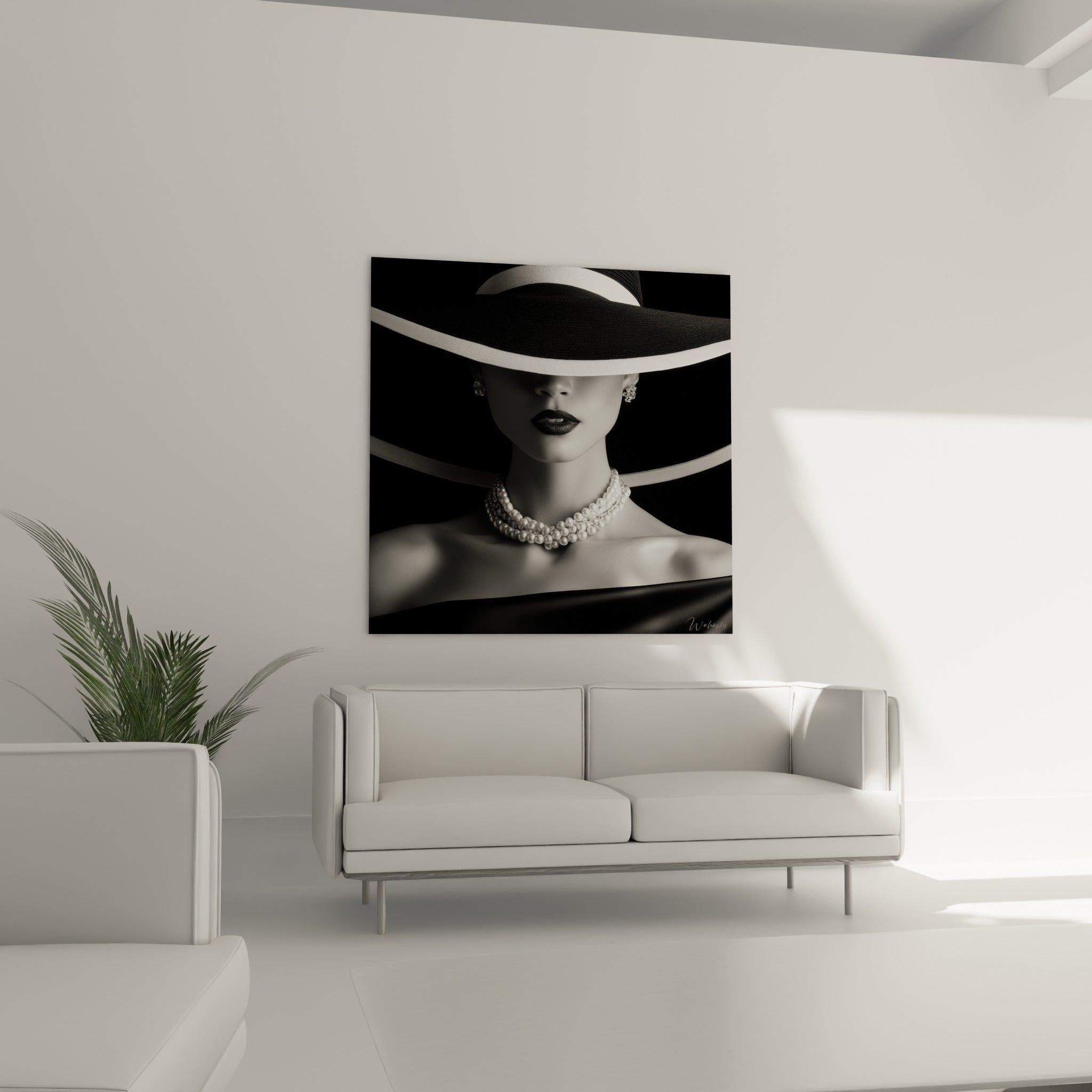 Visage noir et blanc énigmatique, ruban blanc et perles nacrées, au-dessus d'un canapé dans un salon lumineux
