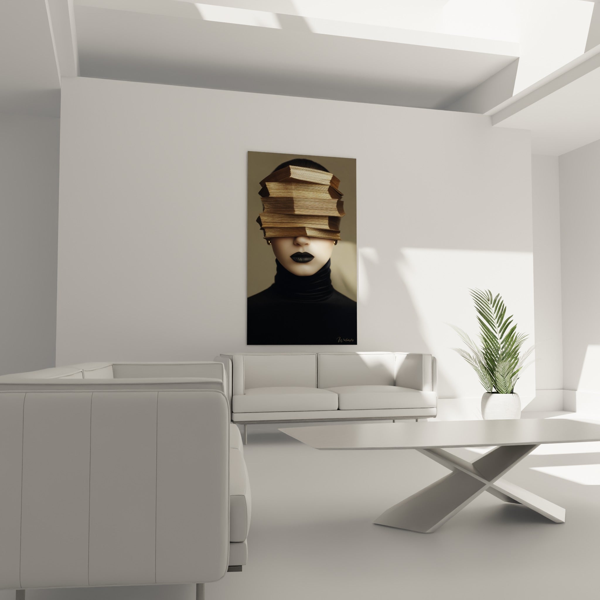 Silhouette au col noir et livres dorés dissimulant le regard, au-dessus d'un canapé dans un salon lumineux