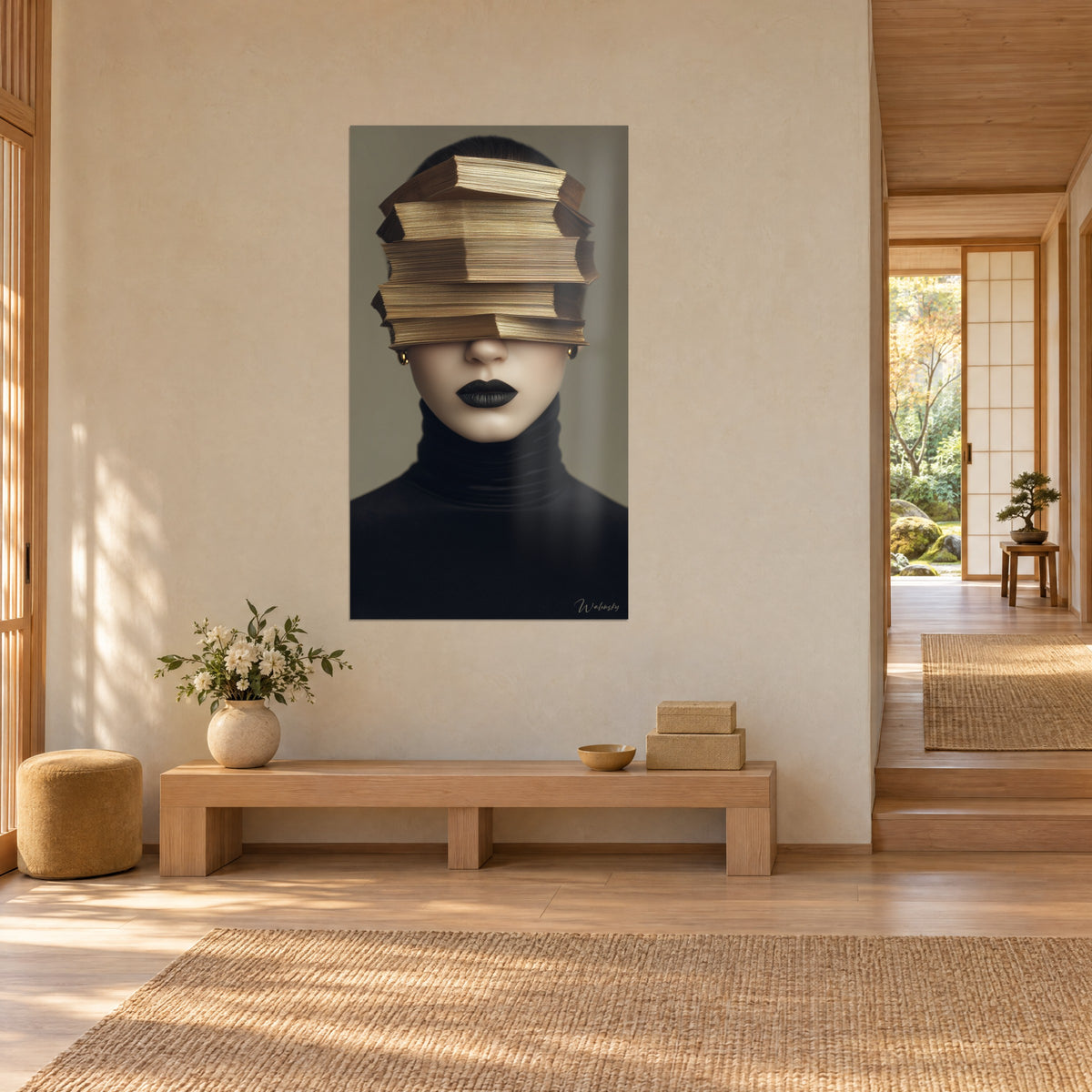 Quadro pila di libri antichi dorati che nasconde uno sguardo celato, dolcevita nero, sfondo grigio-verde, visuale a tre quarti, corridoio japandi