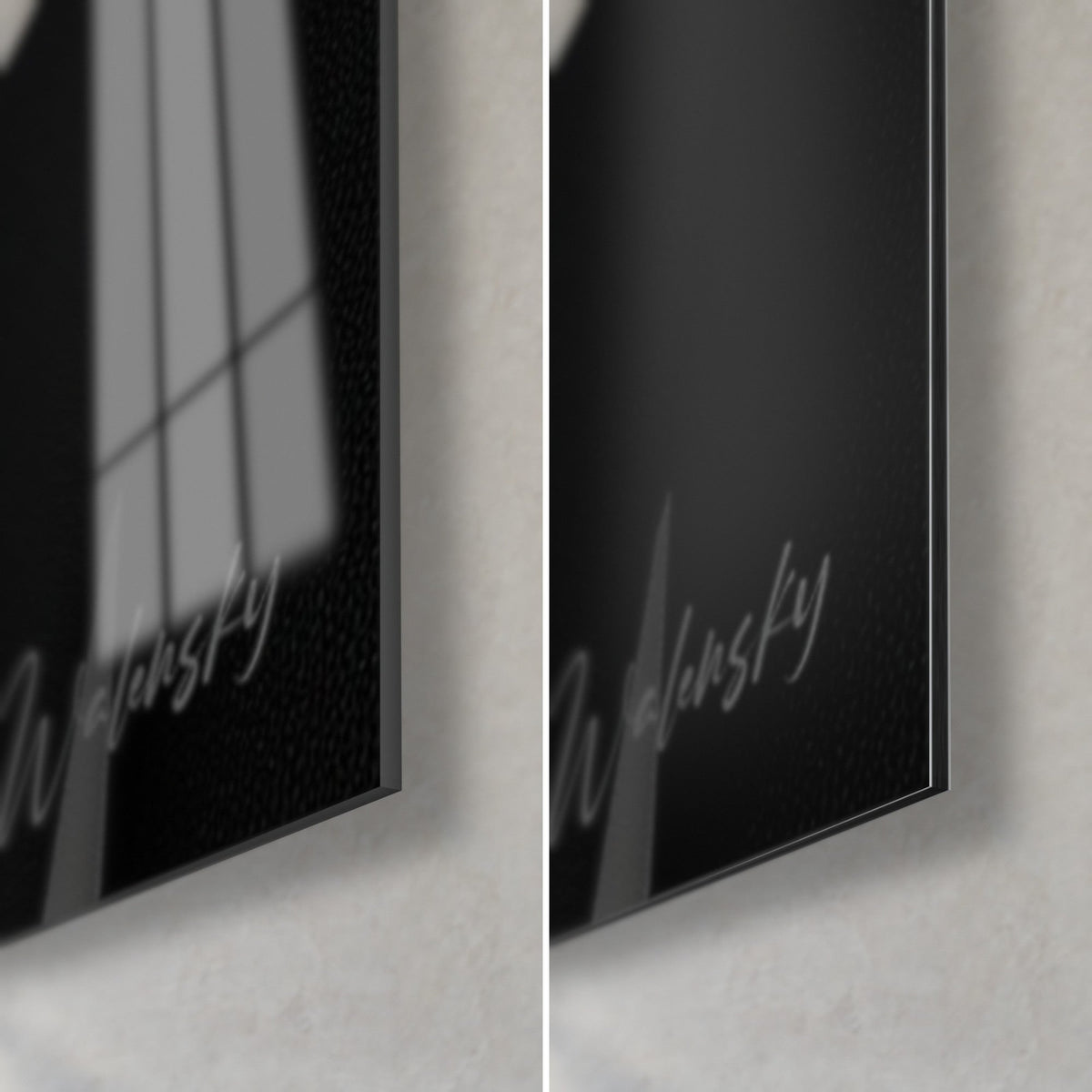 Quadro volto sotto un cappello nero, angolo in basso a destra: vetro acrilico lucido con riflessi a sinistra, alluminio Dibond grigio opaco a destra