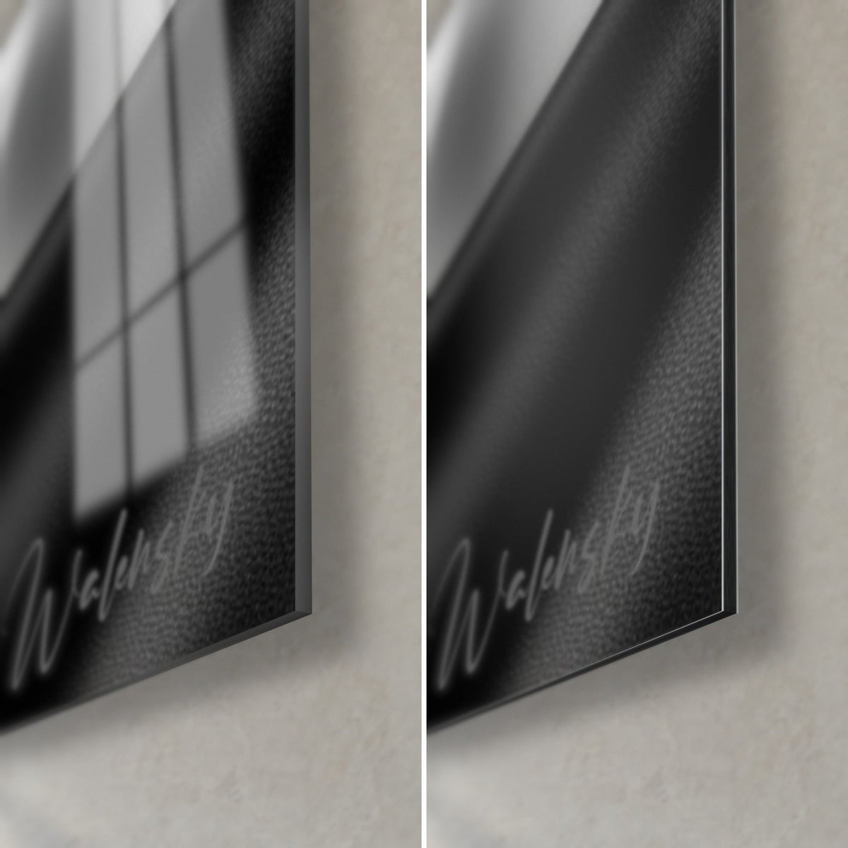 Tableau dame au chapeau noir, coin bas droit : verre brillant à gauche, Dibond gris mat à droite, tranche de 3 mm et signature