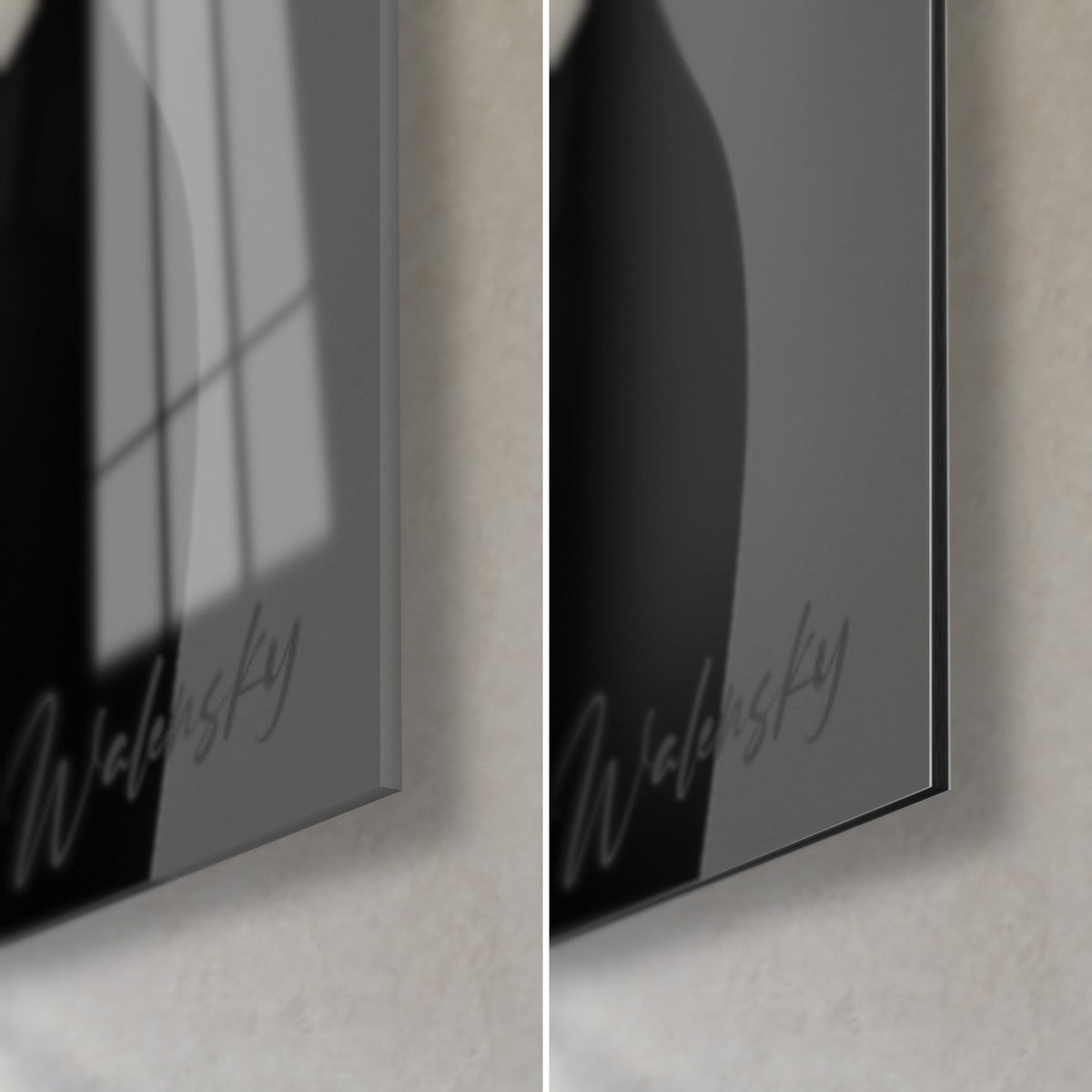 Gemälde weibliche Silhouette mit schwarzem Hut, untere rechte Ecke: glänzendes Acrylglas mit Reflexen, mattes graues Dibond, 3 mm Kante