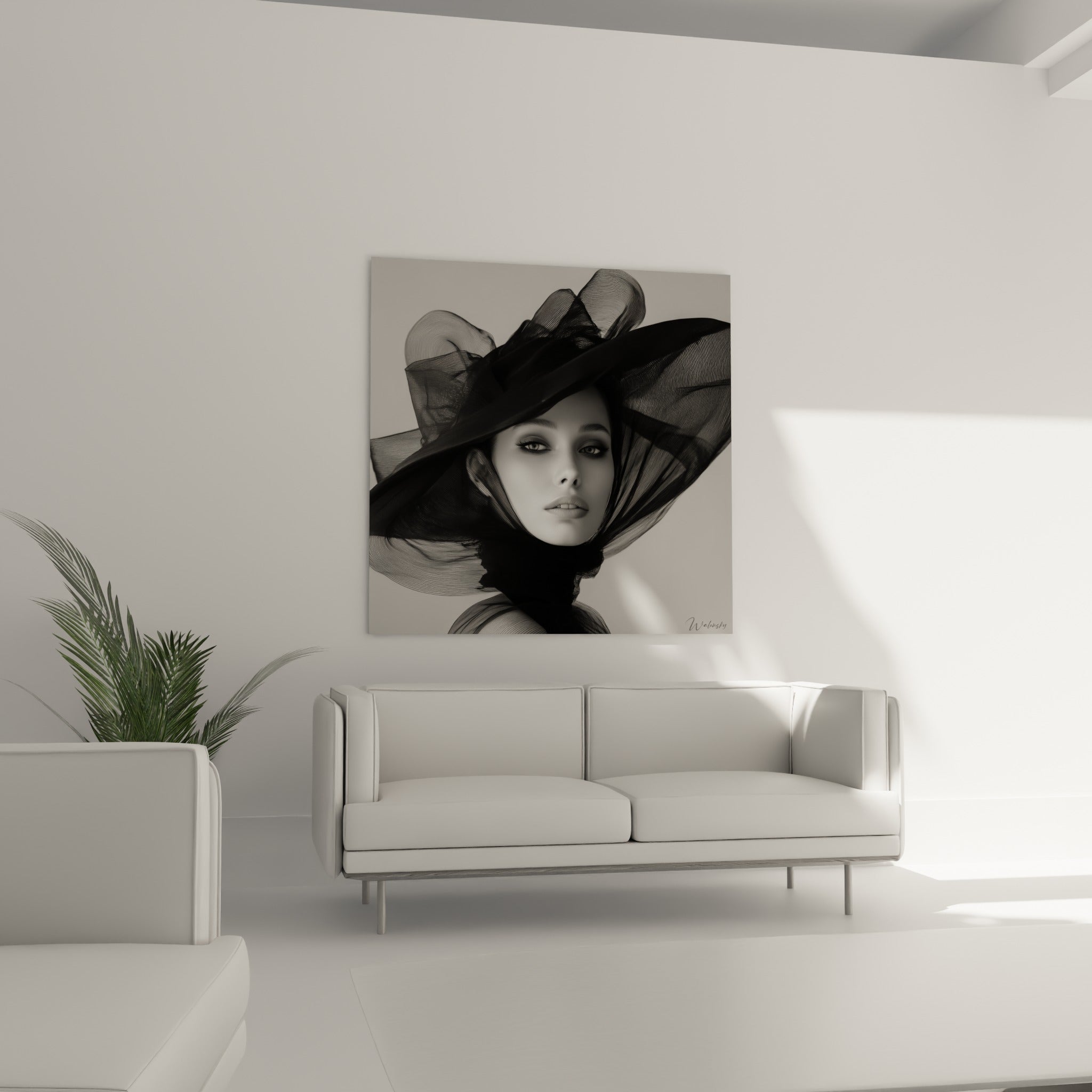Femme au tulle anthracite et peau blanche au-dessus d'un canapé dans un salon lumineux