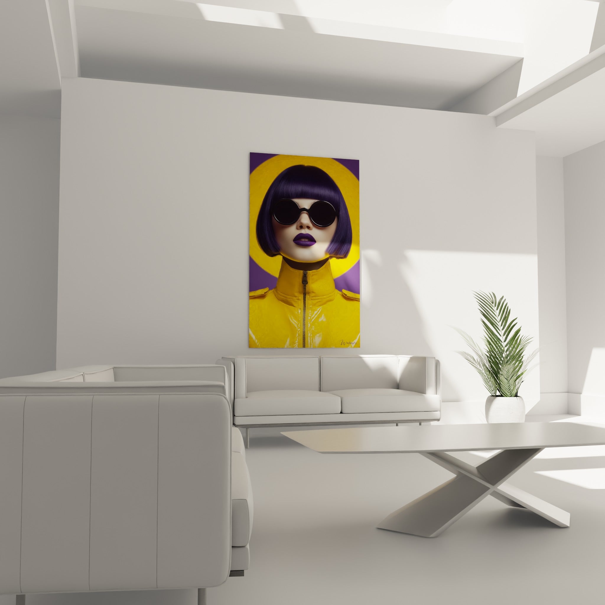 Regard masqué par des lunettes sombres, tons violet et jaune vif, au-dessus d'un canapé dans un salon lumineux