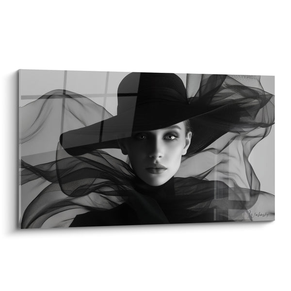Woman in Veil Black Hat Vaporous Painting - Mysterious Breath - Black and White Face Edition