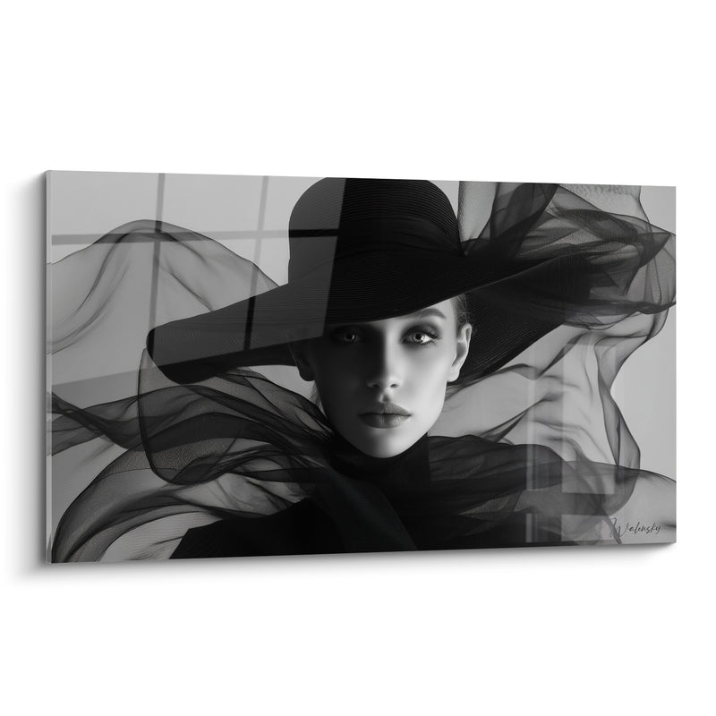 Tableau Femme voile noir capeline vaporeuse - Souffle mystérieux - Edition Visage noir et blanc