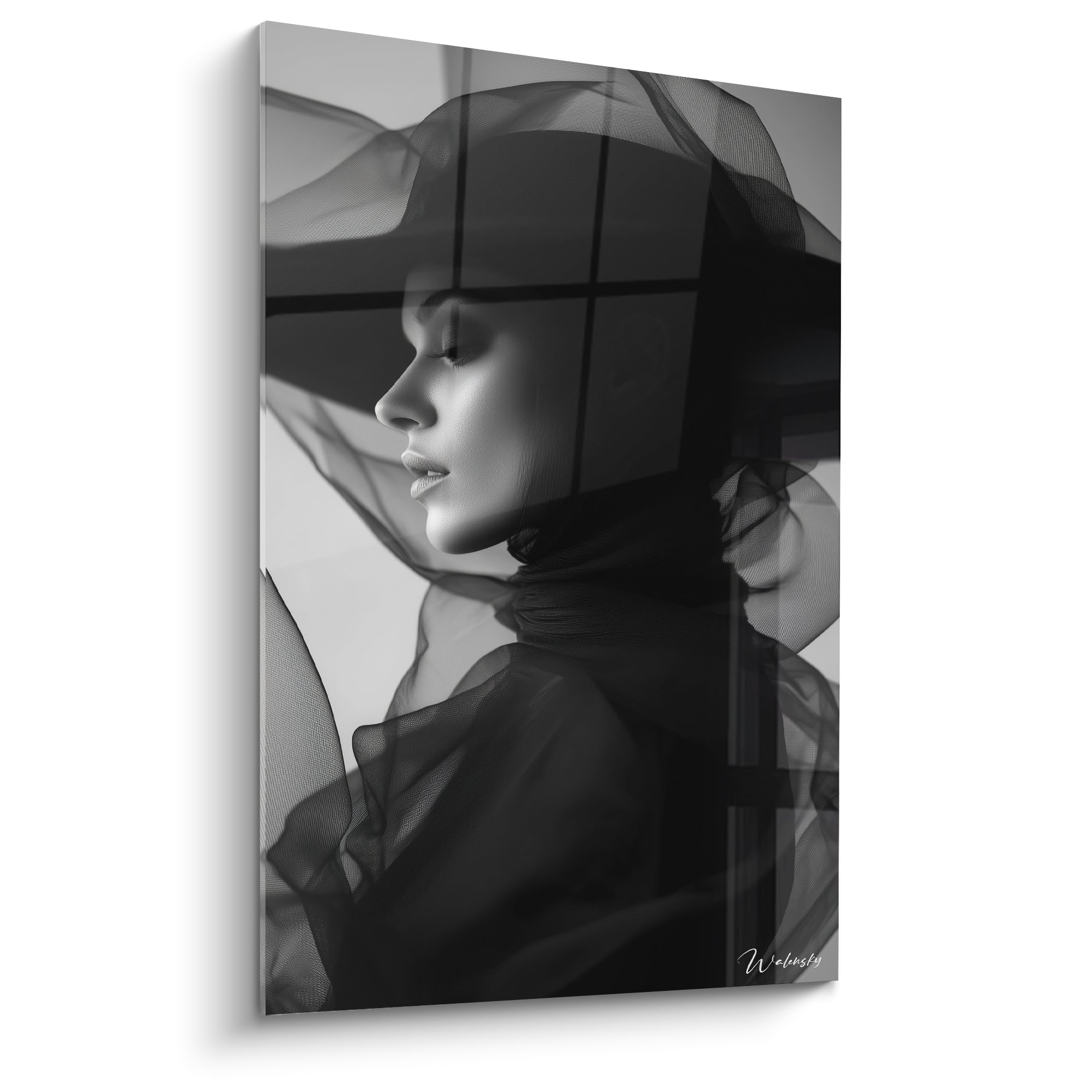 Visage voilé de noir et blanc, profil serein sous un tulle sombre translucide et graphique