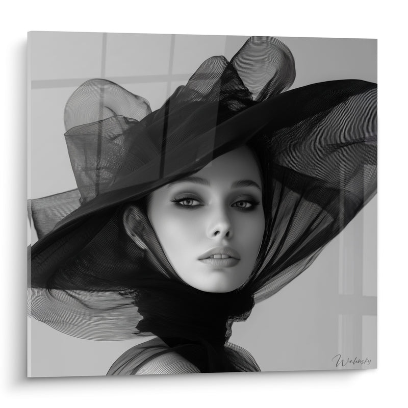Tableau Chapeau tulle noir et gris nœud vaporeux - Regard vert émeraude - Edition Visage noir et blanc
