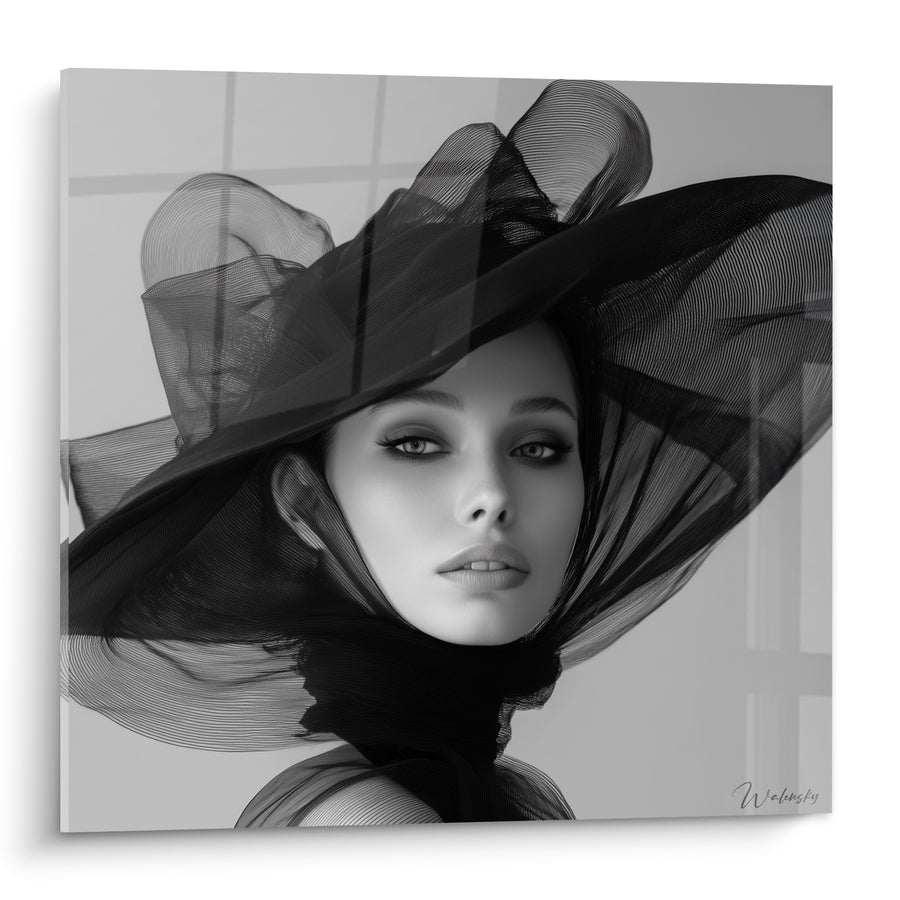Dipinto Cappello di tulle nero e grigio nodo vaporoso - Sguardo verde smeraldo - Edizione Viso in bianco e nero