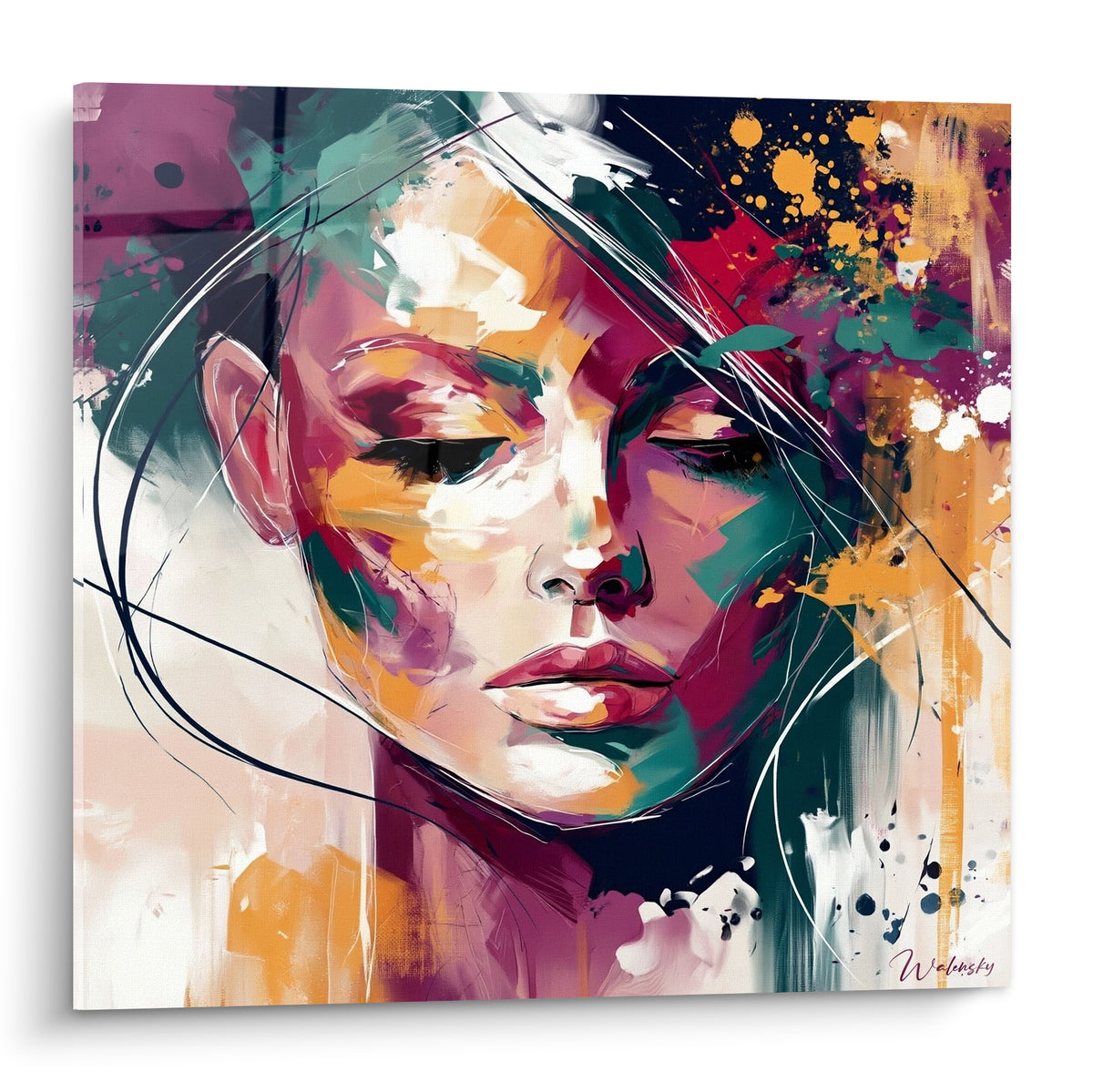 Visage féminin aux yeux clos, touches ocre, émeraude et bordeaux, style pictural expressif