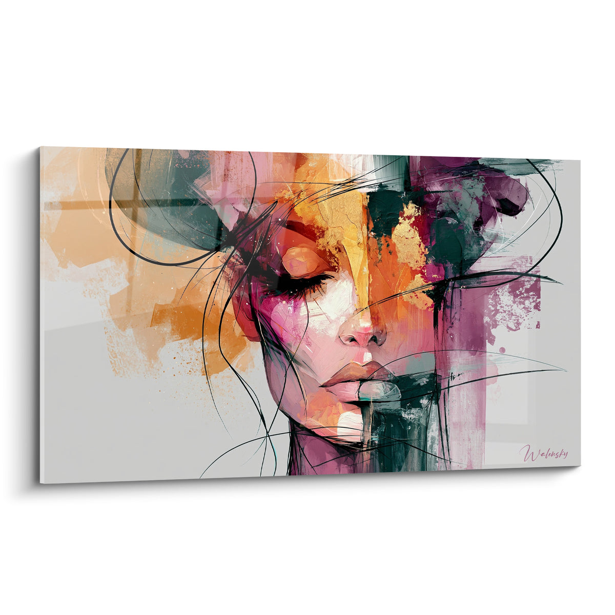 Visage féminin aux yeux clos, teintes ocre et prune, traits graphiques à l'encre noire
