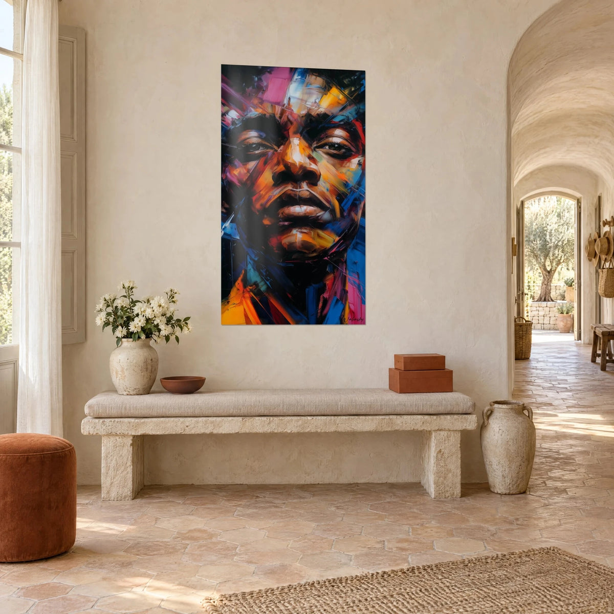 Tableau visage sculpté en larges aplats magenta et jaune sur fond noir, lèvres charnues, vue de trois-quarts dans un mas provençal