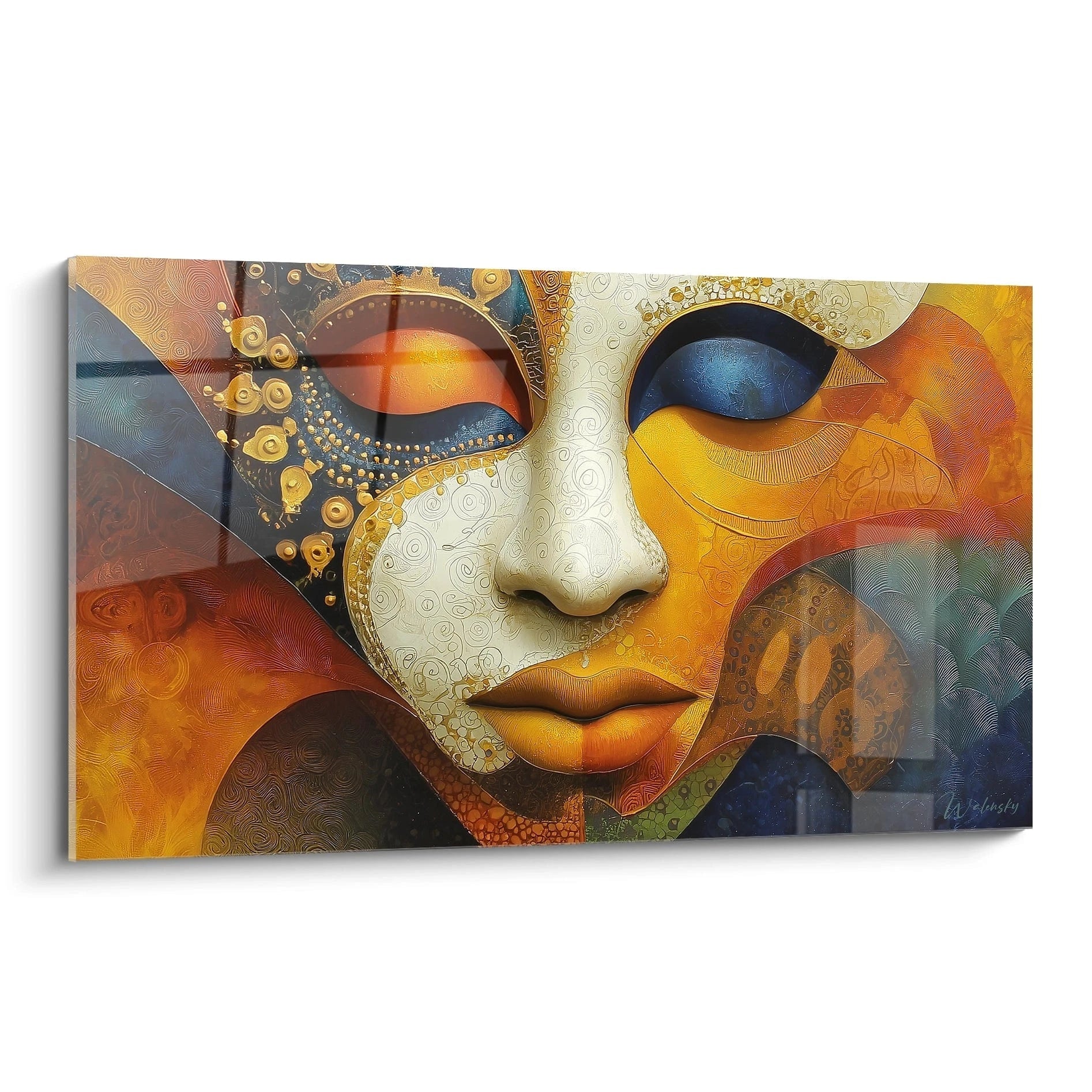Tableau mural représentant un masque africain avec des couleurs vibrantes et des motifs artistiques