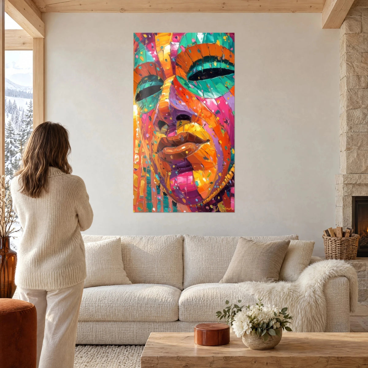 Gemälde Afrikanische Maske mit jadegrünen Augenlidern und orangefarbenen Lippen, Farbspritzer, über einem Sofa in einem hellen Wohnzimmer