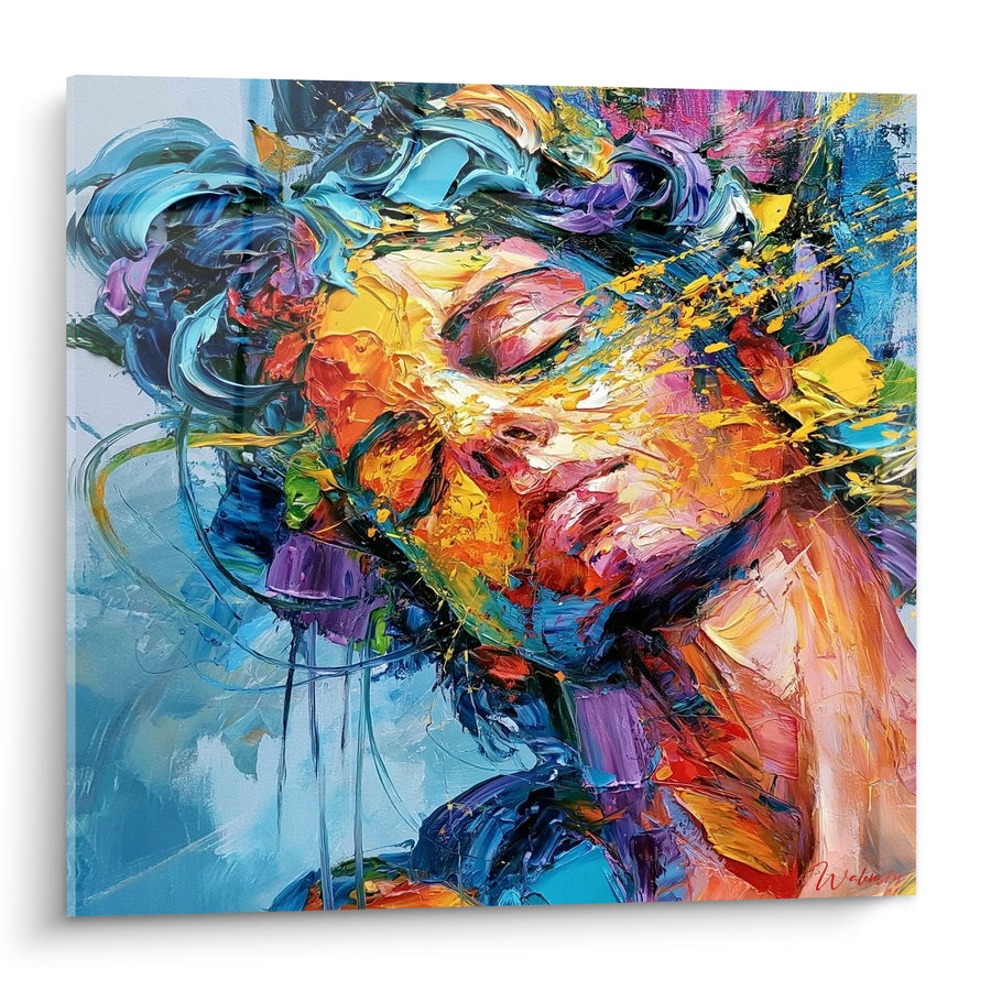 Tableau Portrait orangé et bleu à l'huile - Abandon lumineux - Edition Visage