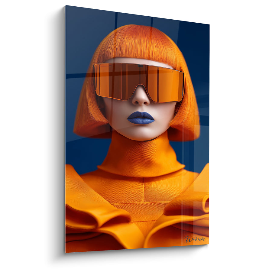 Tableau Silhouette orange aux lèvres bleues futuristes - Icône futuriste - Edition Visage noir et blanc