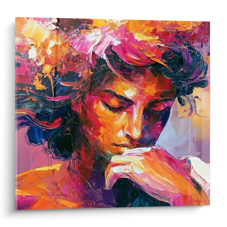 Tableau Portrait orange et violet mains jointes - Instant de recueillement - Edition Visage