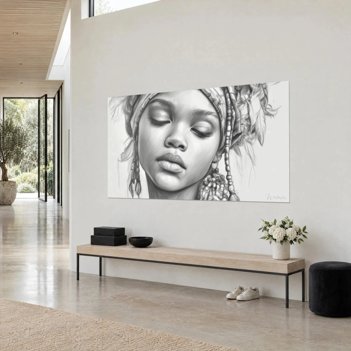 Schilderij rustig gezicht in houtskool, volle lippen en veren in een zwart-witte tulband, driekwart zicht tegen een beige muur