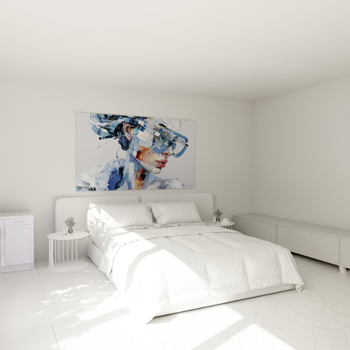 Portrait texturé bleu pastel et terracotta au-dessus d'un lit dans une chambre claire