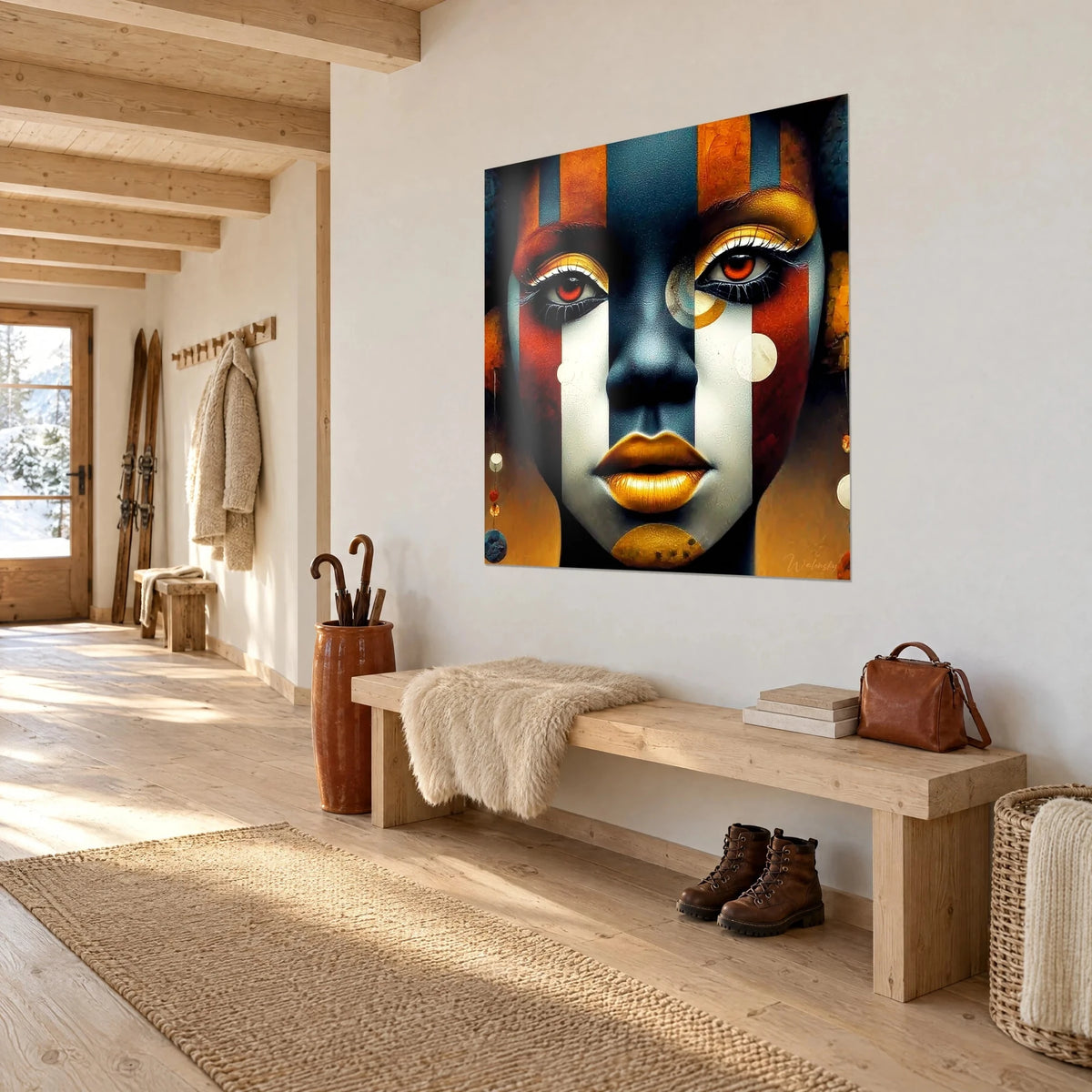 Tableau portrait d'une femme au masque rayé orange brûlé et bleu ardoise, paupières ocre dorées, vu en biais dans une entrée de chalet
