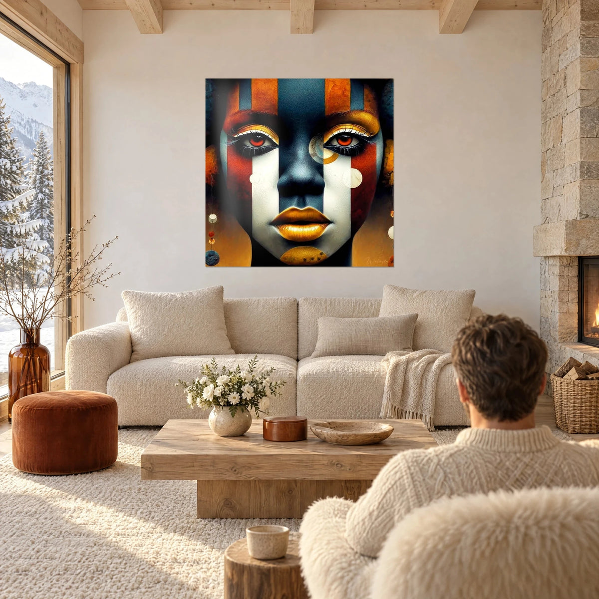 Tableau visage peint à bandes verticales bleu nuit, rouille et blanches, lèvres dorées, au-dessus d'un canapé dans un salon lumineux